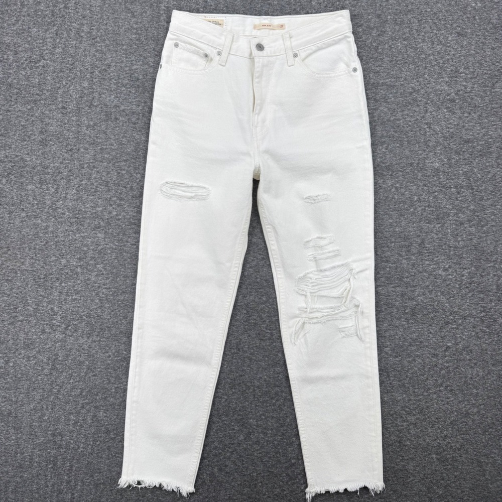 Levis Premium Mom Jeans Womens 27 White Distressed Ripped Frayed Hem High Rise - Picture 2 of 11